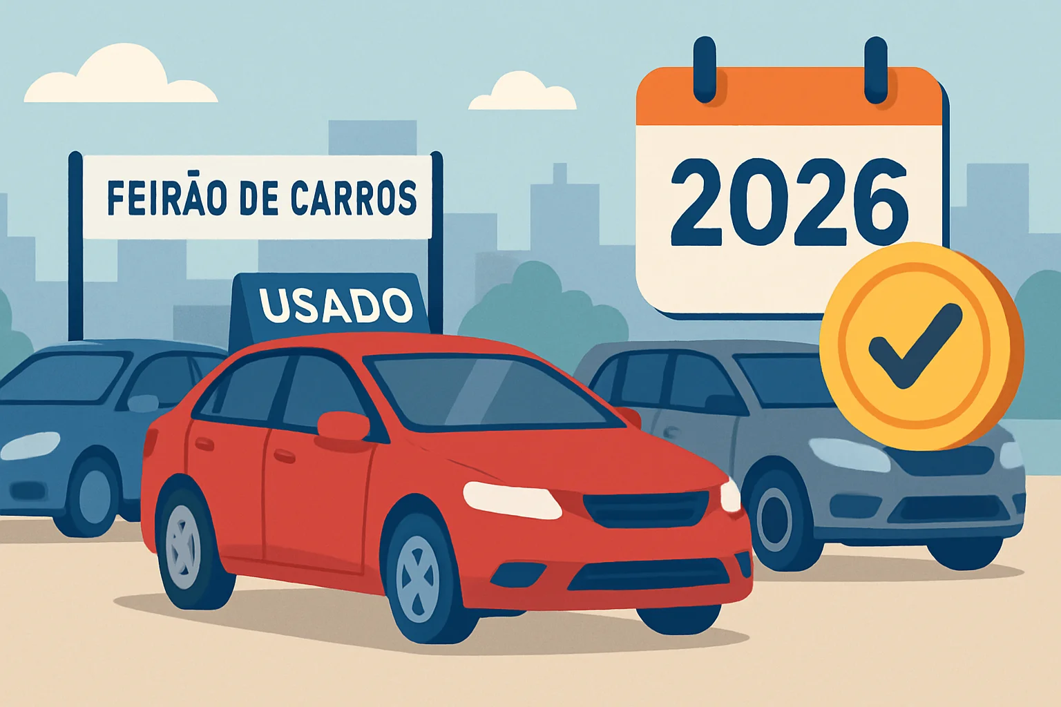 Capa horizontal 16:9 ilustrando a isenção IPVA 2026 reorganiza mercado de usados, com elementos simbólicos de veículos e economia.