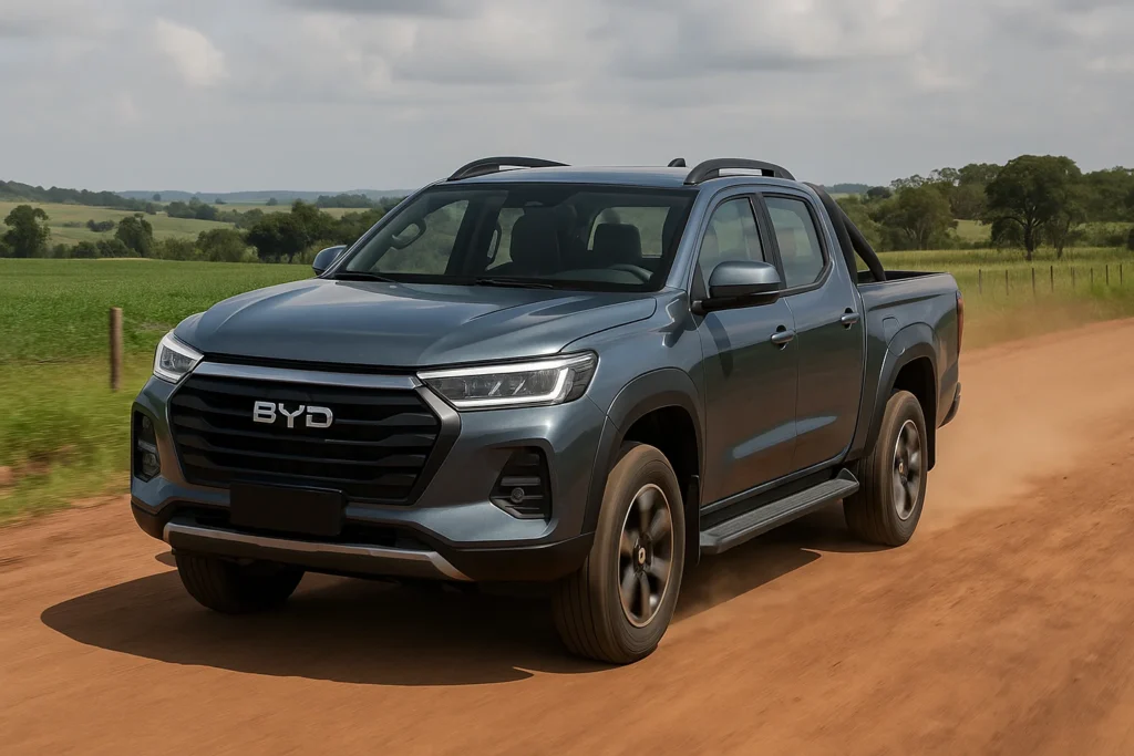 Imagem de capa horizontal 16:9 representando BYD testa picapes híbridas no Brasil, indicando até 40 km/l.