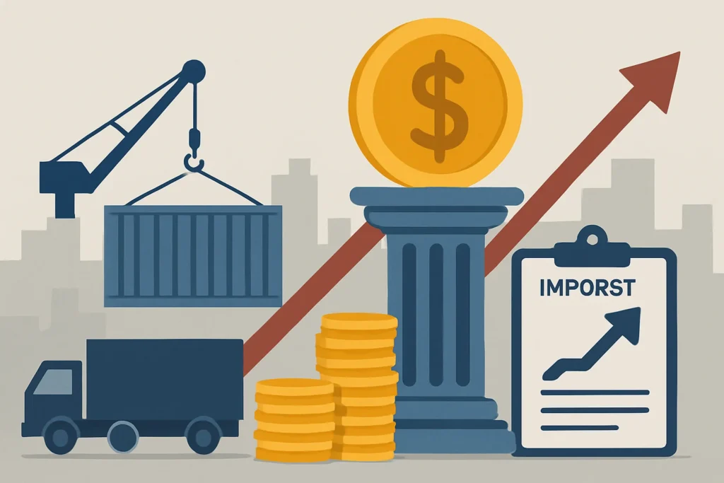 Imagem representando imposto de importação vira pilar, simbolizando a arrecadação de R$ 14 bilhões para ajusta a meta fiscal