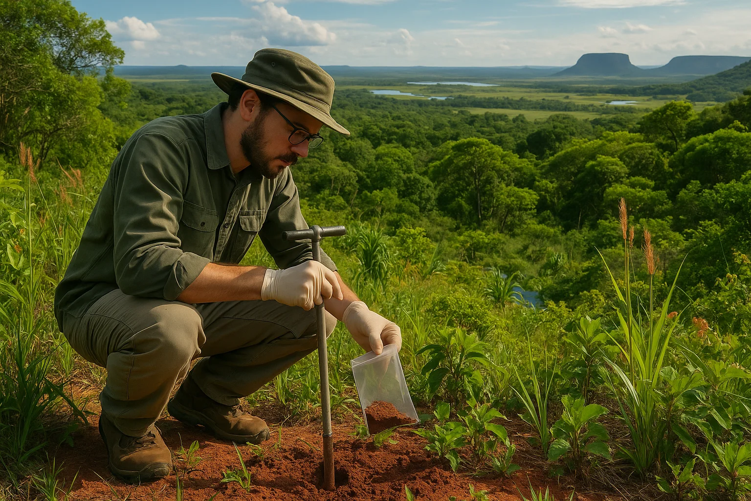 Pesquisador coletando amostras de solo em campo brasileiro para projeto carbon countdown r