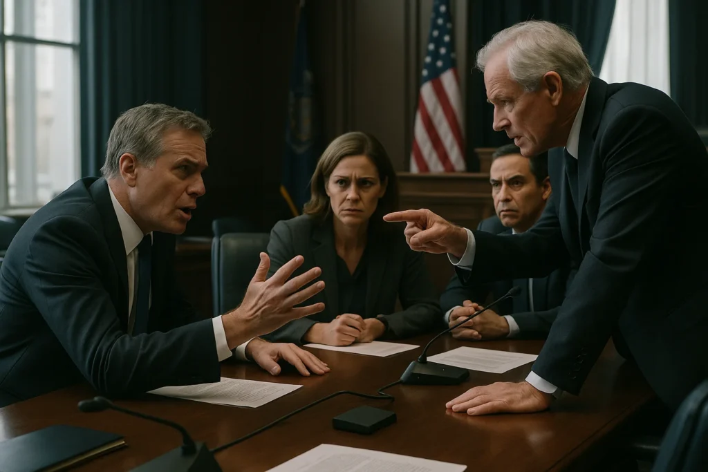 Imagem de reunião no Senado com políticos em debate intenso sobre a acusação de Viana contra Toffoli