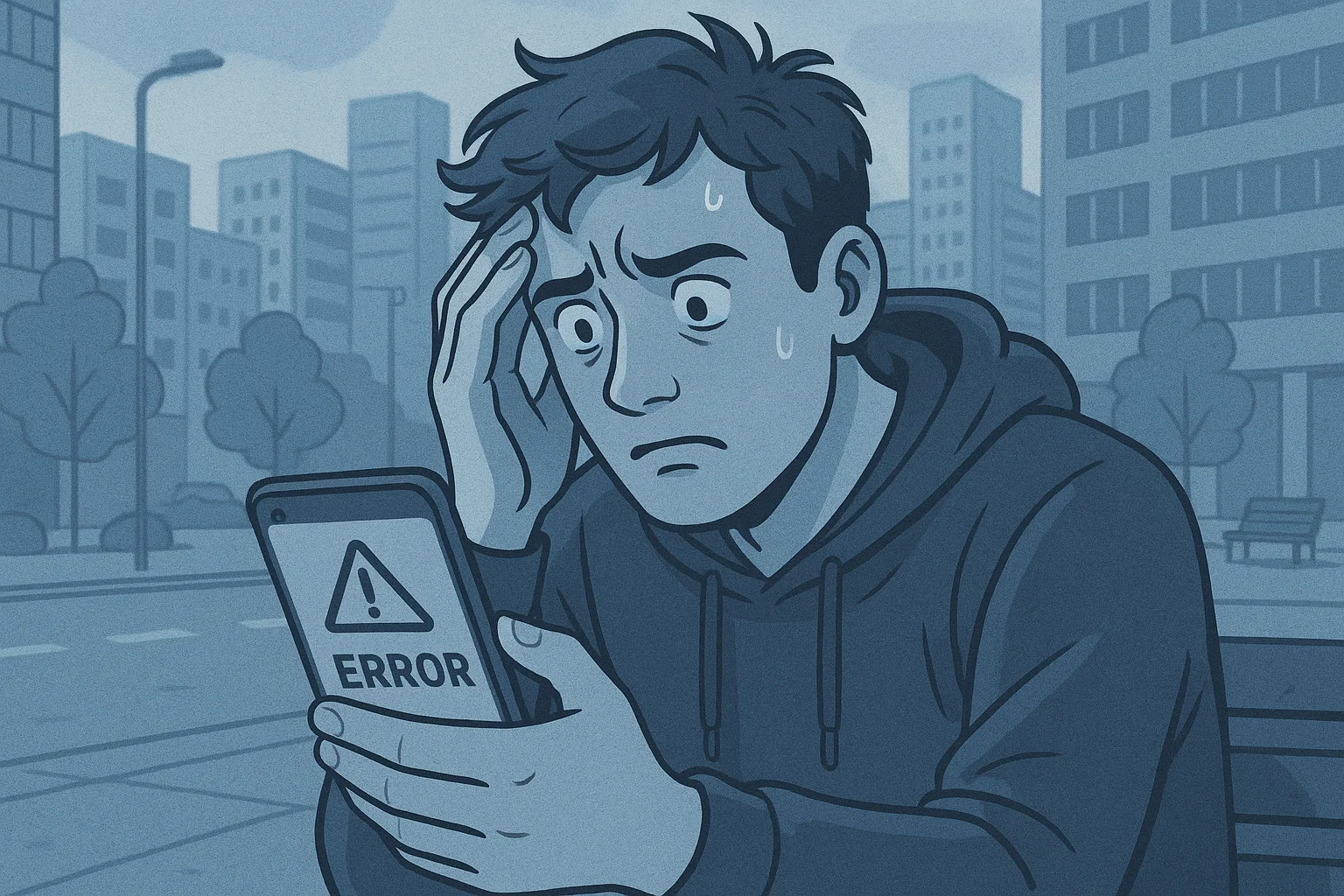 Pessoa frustrada em frente a smartphone com tela de erro, fundo urbano, ambiente de banco digital com foco no rosto.