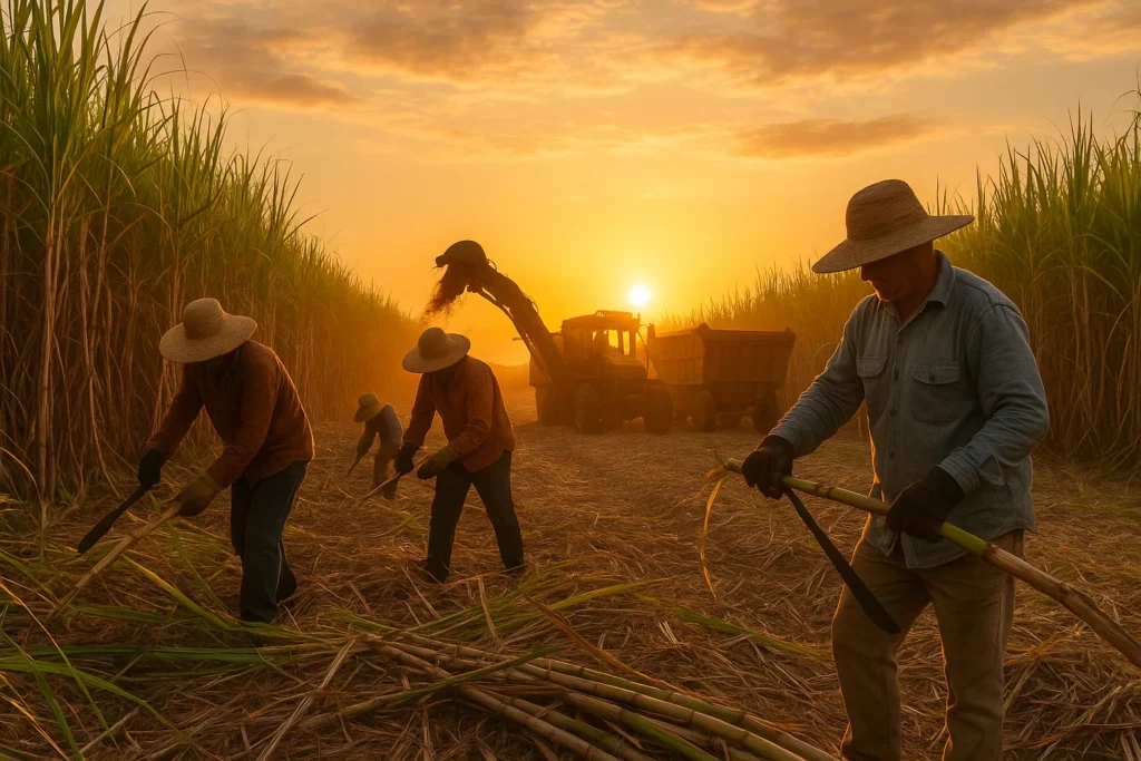 Paisagem de canaviais ao amanhecer com trabalhadores rurais e veículos agrícolas, simbolizando a revisão de remuneração da cana pela FGV.