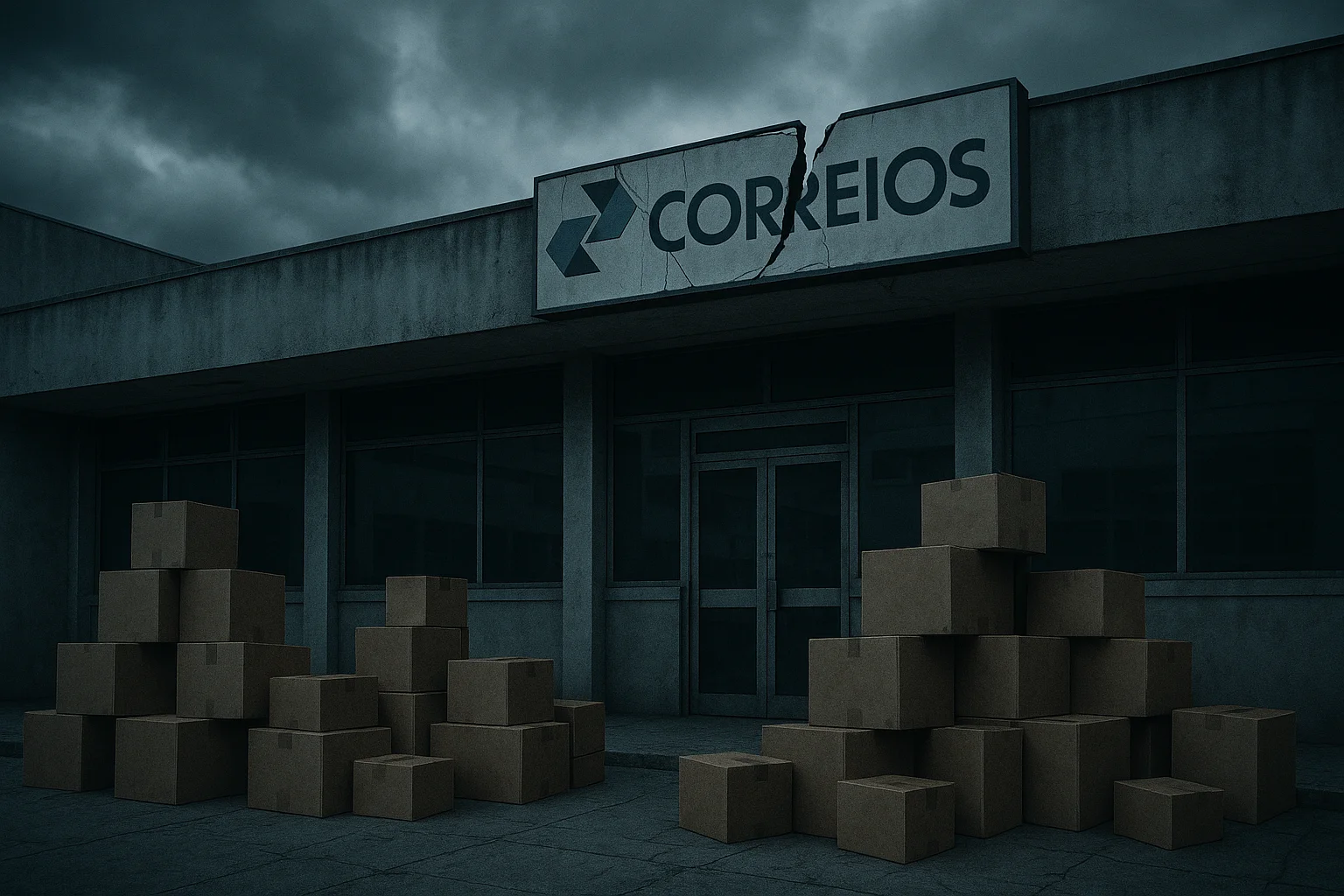Agência dos Correios vazia com caixas empilhadas e placa quebrada simbolizando risco de colapso estatal