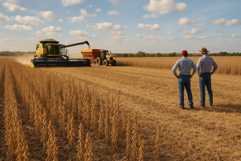 Paisagem agrícola com plantações de soja na colheita, céu nublado e agricultores observando as terras, relacionado às cotações soja fecham semana