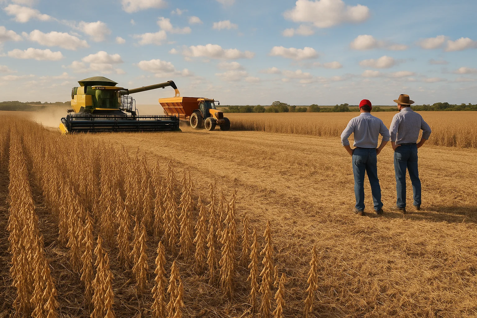 Paisagem agrícola com plantações de soja na colheita, céu nublado e agricultores observando as terras, relacionado às cotações soja fecham semana