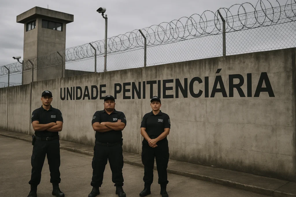 Unidade penitenciária no Brasil com paredes de concreto, cercas e câmeras, atmosfera séria reforçada por segurança.