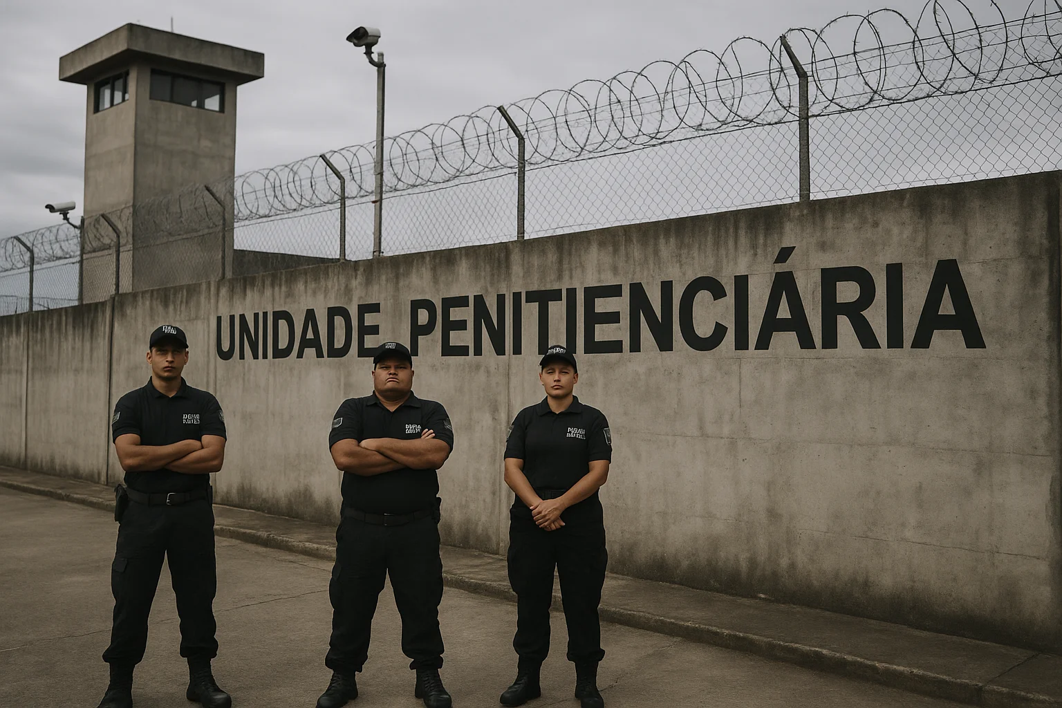 Unidade penitenciária no Brasil com paredes de concreto, cercas e câmeras, atmosfera séria reforçada por segurança.