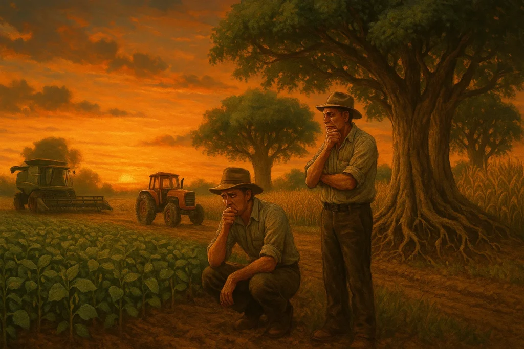 Produtores Mato Grosso temem prejuízos com fazenda de soja e milho ao pôr do sol, agricultores preocupados e veículos parados.