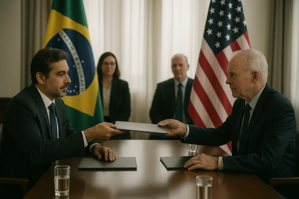 Cena de reunião diplomática com bandeiras do Brasil e EUA, destacando diplomatas trocando documentos na questão dos EUA retiram sanção Magnitsky.