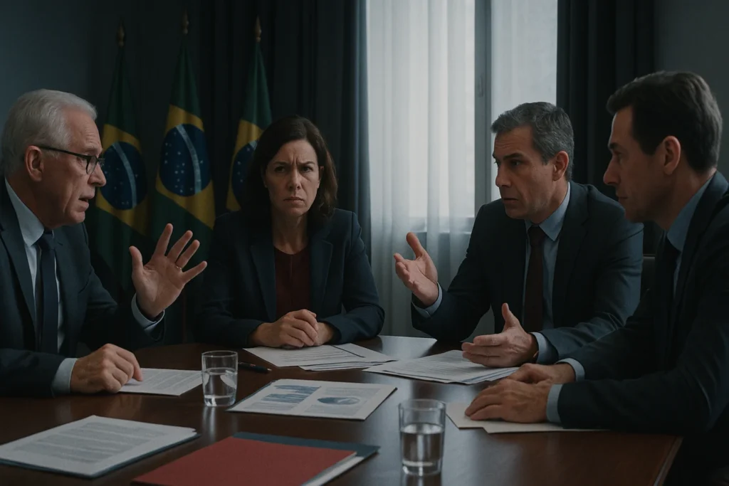 Imagem de uma sala de conselho com membros discutindo, mesa com documentos e bandeiras brasileiras ao fundo, representando o acordo que o STF homologa que devolve poder de voto da União na Eletrobras.