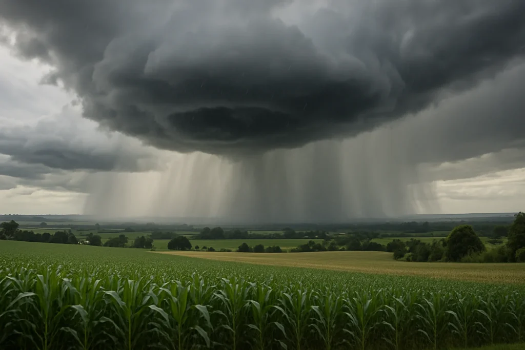 Imagem representando zona baixa pressão provocando chuva forte no Brasil, indicando risco de temporais