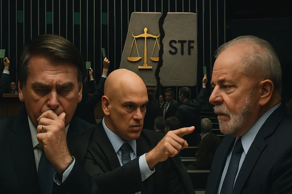 Imagem horizontal 16:9 ilustrando a Câmara aprova PL que pode reduzir pena de Bolsonaro, desafiando o STF e aumentando crise entre Poderes.