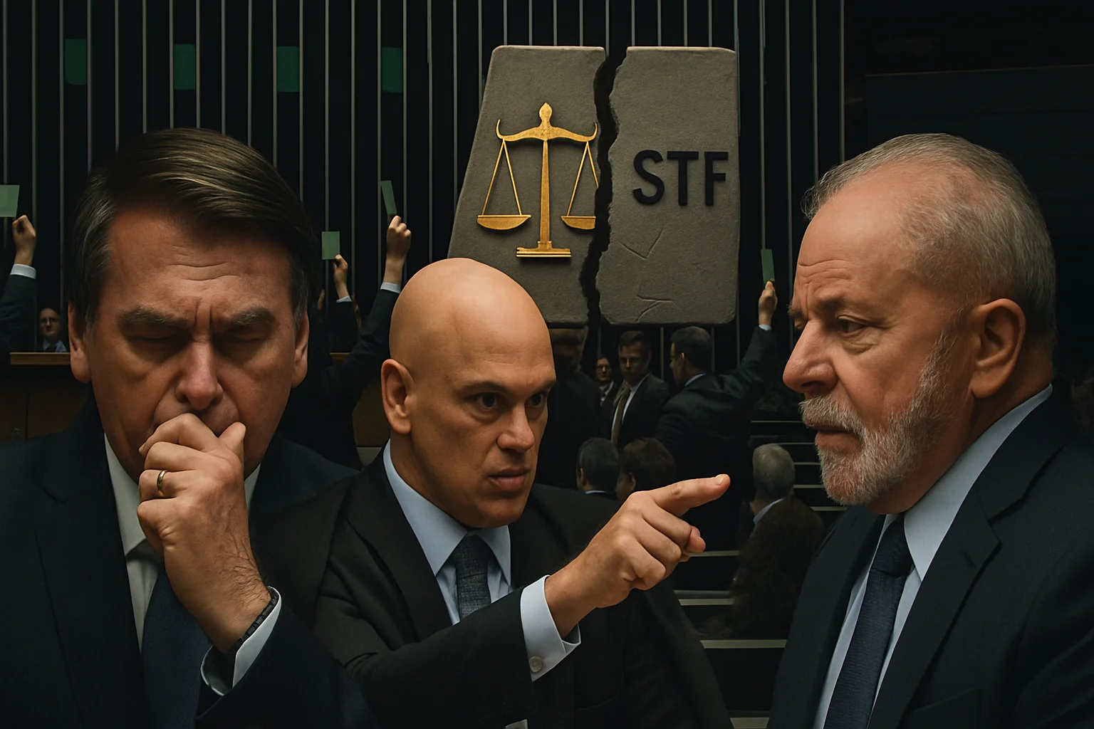 Imagem horizontal 16:9 ilustrando a Câmara aprova PL que pode reduzir pena de Bolsonaro, desafiando o STF e aumentando crise entre Poderes.