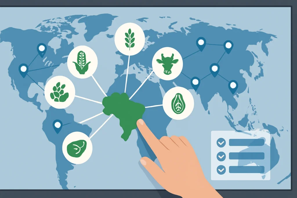 Imagem de capa horizontal 16:9 ilustrando painel interativo mapa reúne aberturas de mercados do agronegócio brasileiro desde 2023, destacando oportunidades por produto, país e requisitos sanitários.