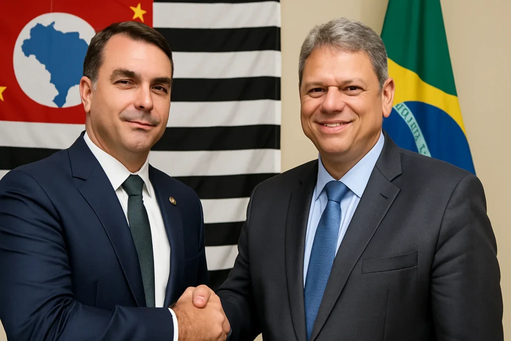 Imagem horizontal 16:9 representando Flávio Bolsonaro diz que Tarcísio constrói um 'palanque forte' em São Paulo com uma aliança importante.