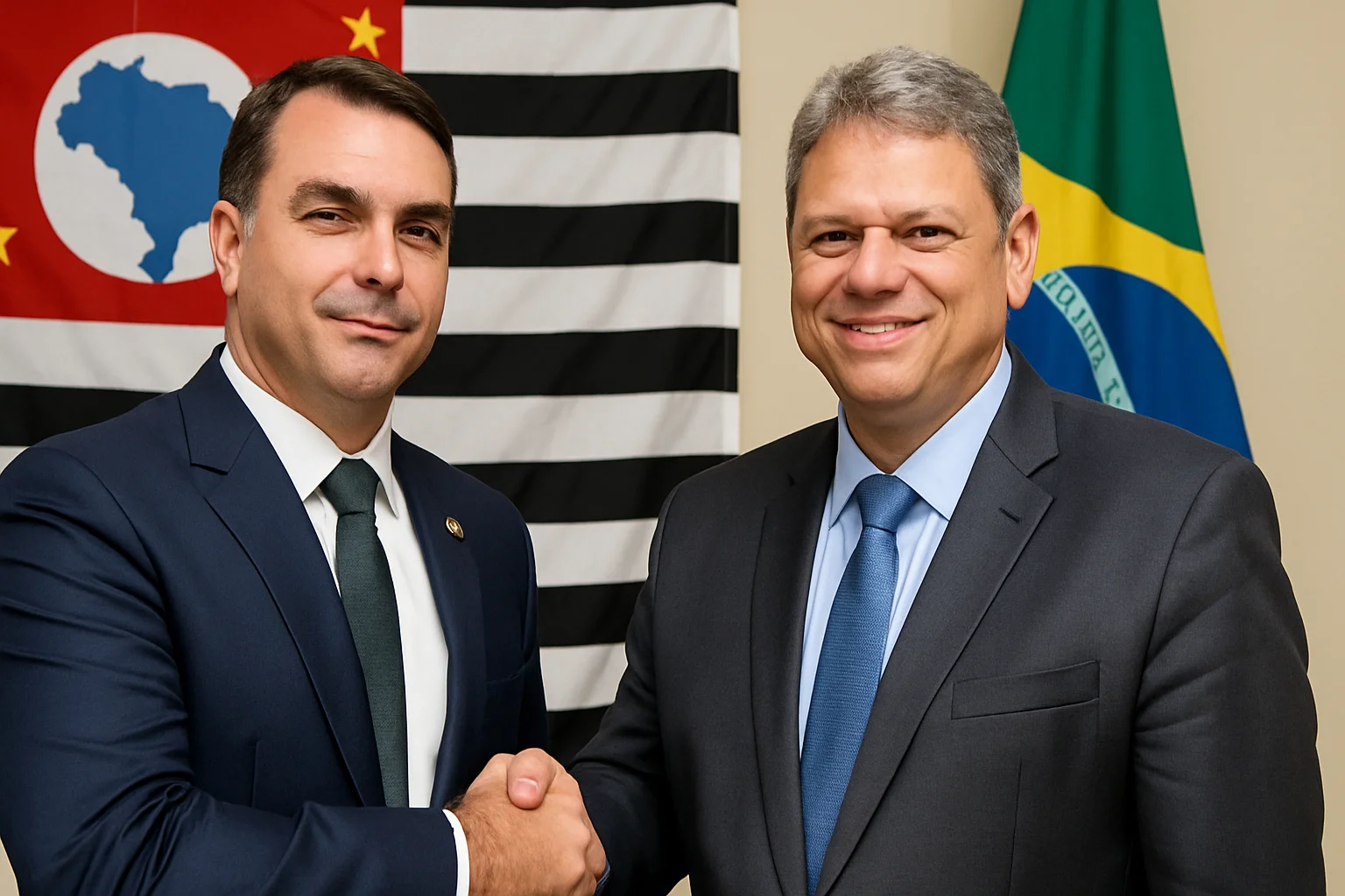 Imagem horizontal 16:9 representando Flávio Bolsonaro diz que Tarcísio constrói um 'palanque forte' em São Paulo com uma aliança importante.