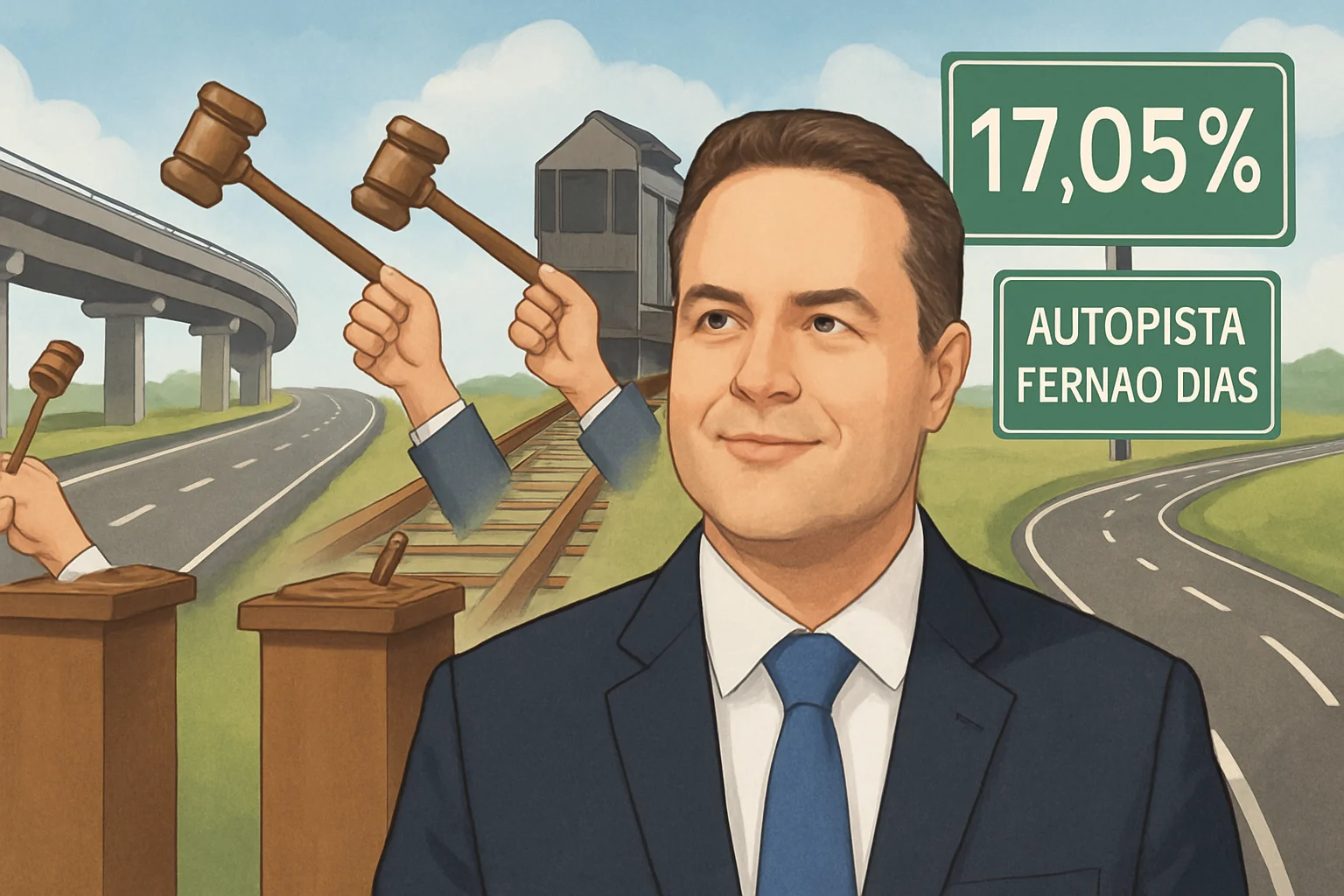 Capa horizontal 16:9 ilustrativa para Renan Filho prevê 14, com destaque para leilões rodoviários e ferroviários