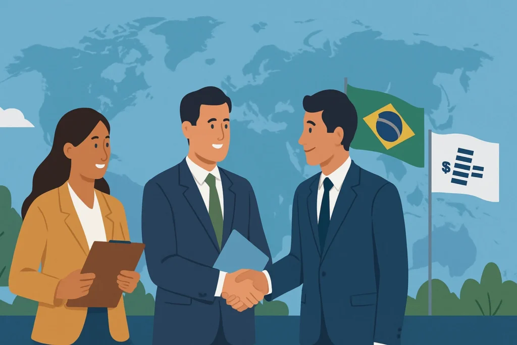 Imagem representando o Programa Cooperar para Exportar com cooperativas, feiras e missões internacionais, promovendo a exportação com ApexBrasil e Sebrae.
