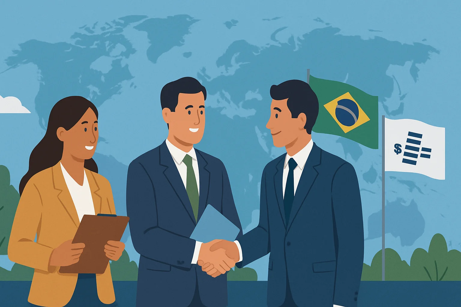 Imagem representando o Programa Cooperar para Exportar com cooperativas, feiras e missões internacionais, promovendo a exportação com ApexBrasil e Sebrae.